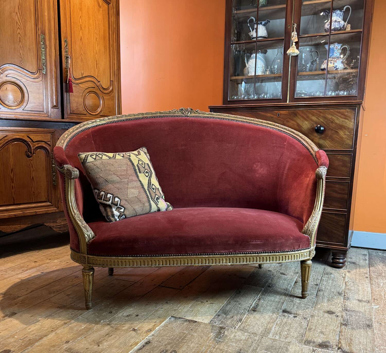Antique French Two Seat Corbeille Sofa in Louis XVI Style