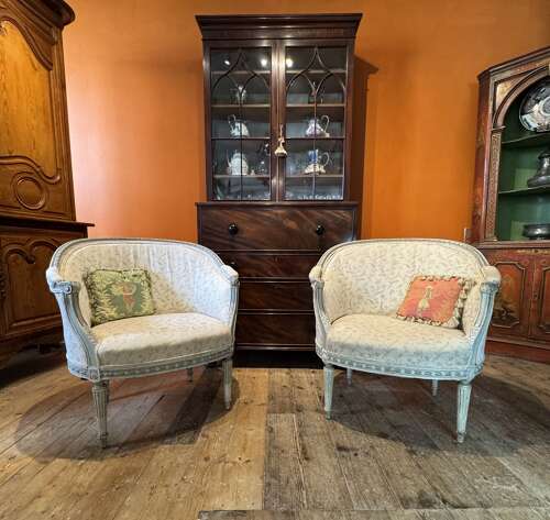 Pair of Antique French Bergere Tub Armchairs in Original Paint