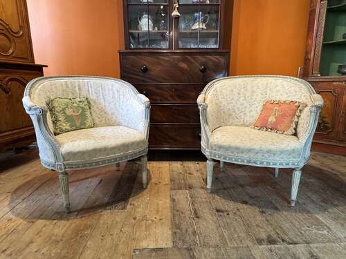 Pair of Antique French Bergere Tub Armchairs in Original Paint