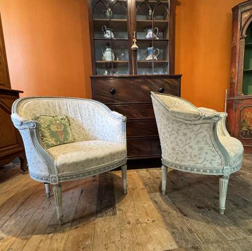 Pair of Antique French Bergere Tub Armchairs in Original Paint