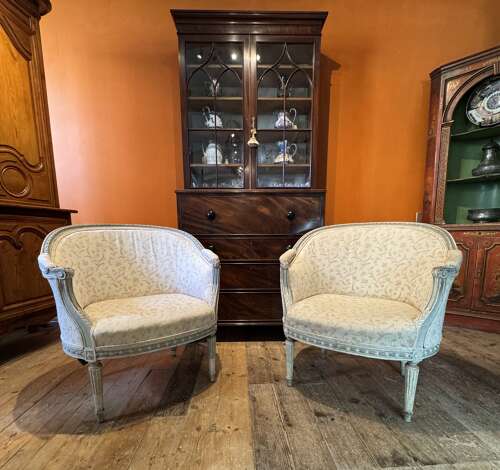 Pair of Antique French Bergere Tub Armchairs in Original Paint