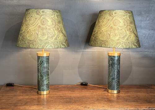 Pair of Bridie Hall for Pentreath & Hall Faux Malachite, Brass & Glass Cylinder Lamps