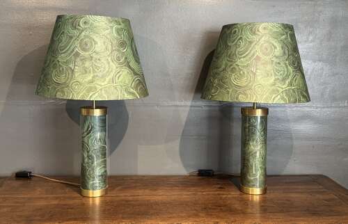 Pair of Bridie Hall for Pentreath & Hall Faux Malachite, Brass & Glass Cylinder Lamps